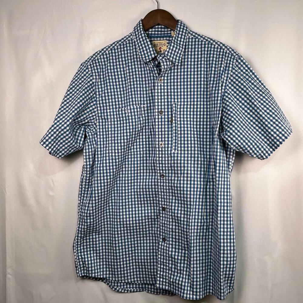 Red Head Brand Co. Mens Large Blue White Gingham Button Up Shirt Short Sleeve